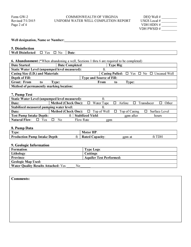 New GW2 Form DEQ/VDH Virginia Water Well Association